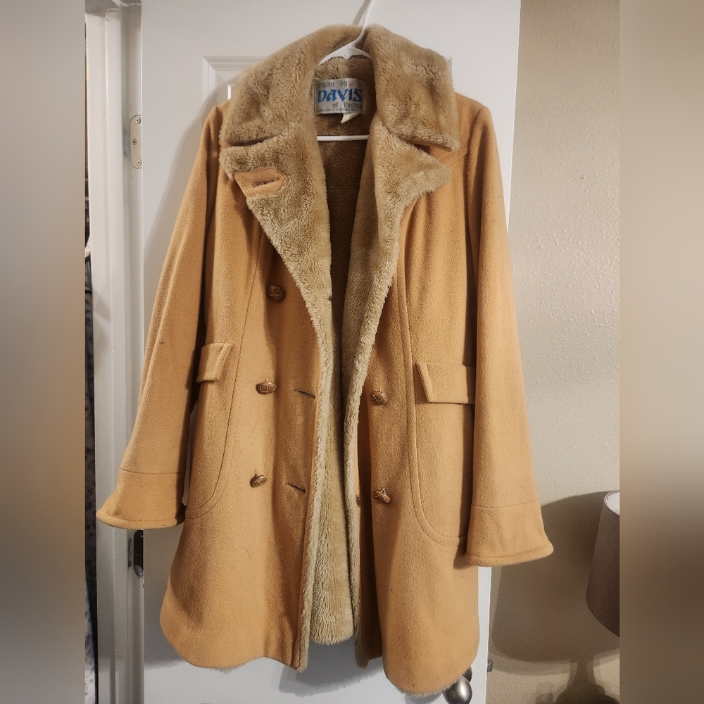 Women's Tan Peacoat with Faux Fur Lining By Davis Of Boston